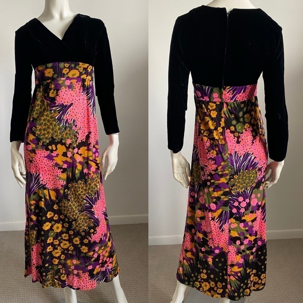 Vintage Siro 60s-70s Velvet upper bold floral mod midi dress women’s size medium